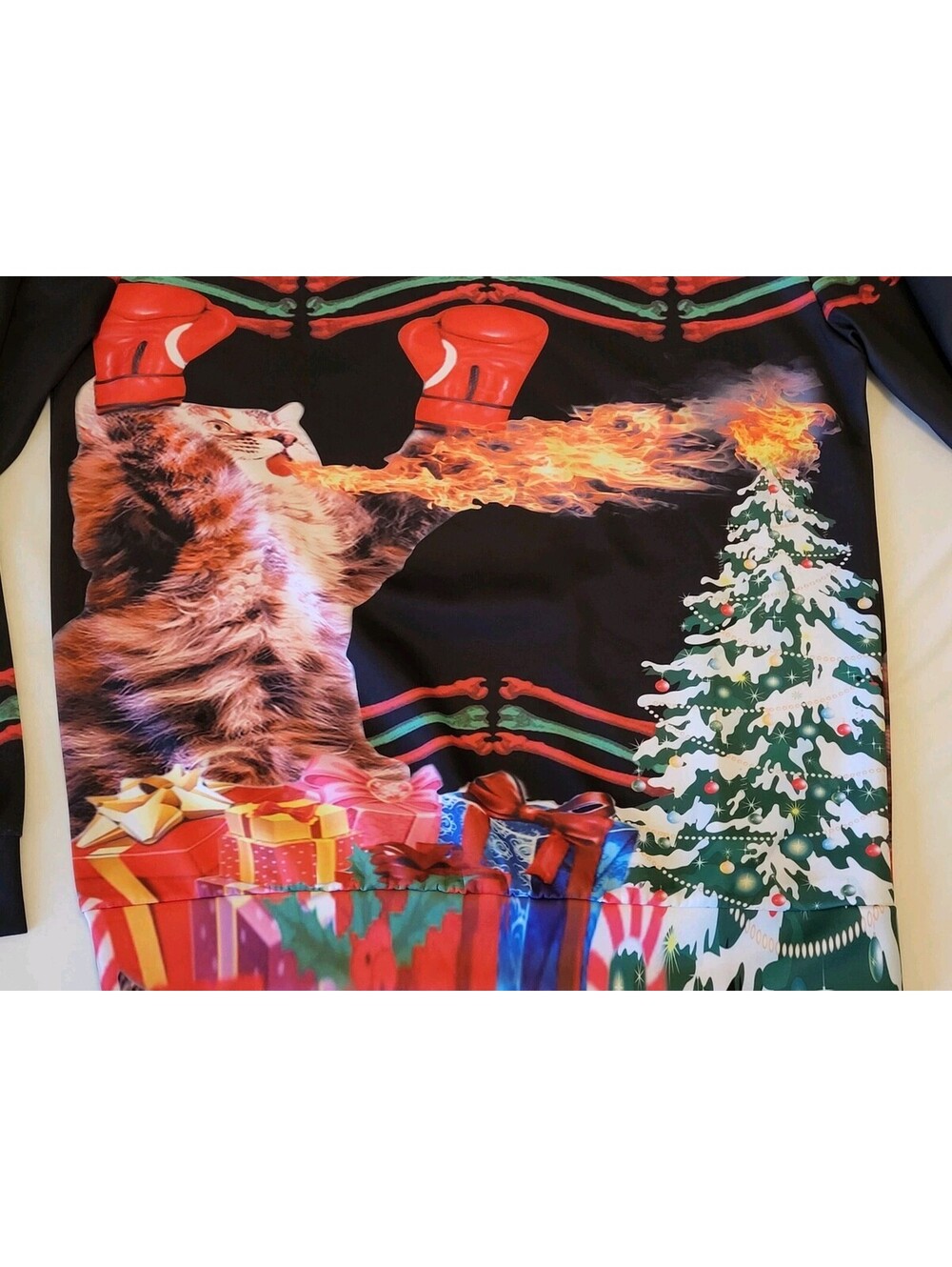 Funny Cat Boxing Fire-Breathing Christmas Sweater Ugly Xmas Unisex Pullover - Picture 7 of 9